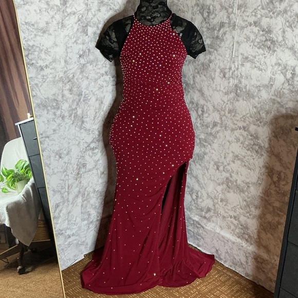 Jovani Red Maxi Dress with Black Lace Sleeves - Picture 1 of 8